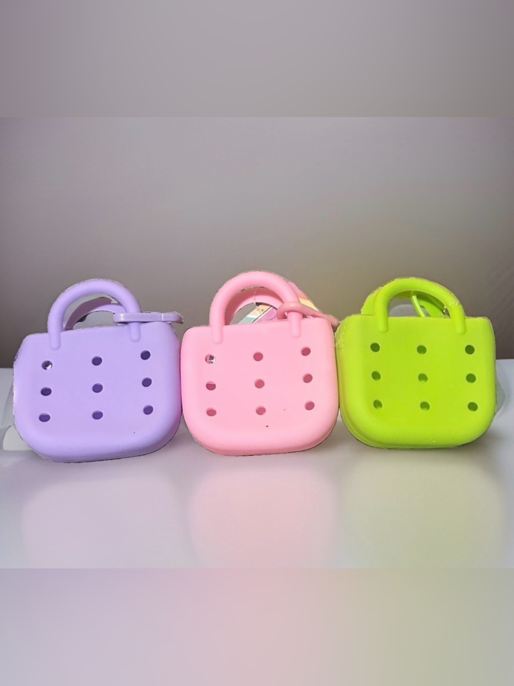 Silicone Mini Bag Tote Keychain Zipper Coin Purse- Purple, Pink, Green (Set of 3
